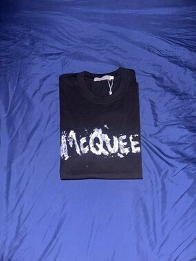Alexander McQueen Black Tee with White Distressed Logo